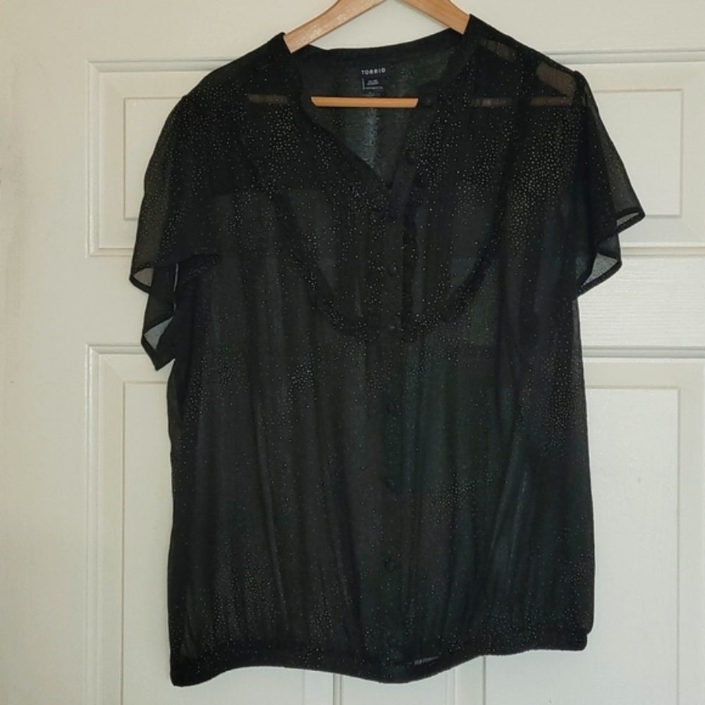Torrid Sheer Black & Gold Ruffle Sparkle Accent Lightweight Blouse